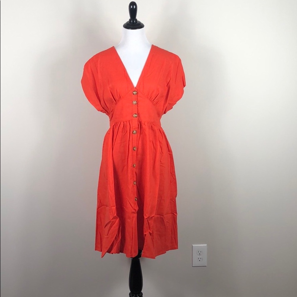Ruffled V-Neck Button Down Linen Blend Tunic Dress - Picture 5 of 7
